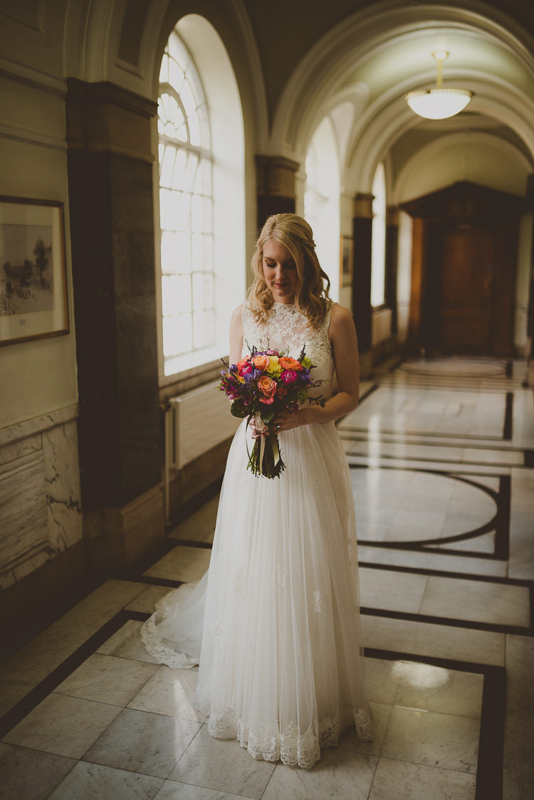 Justin Alexander Dress Bride Lace Tulle Street Party London Spring Flower Wedding http://www.modernvintageweddings.com/
