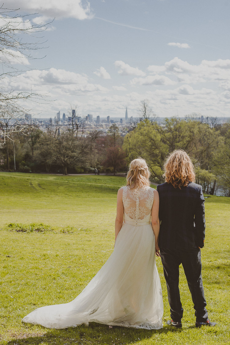 Lace Back Dress Bride Bridal Justin Alexander Street Party London Spring Flower Wedding http://www.modernvintageweddings.com/