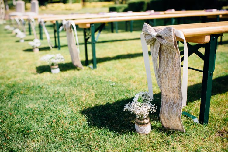 Hessian Lace Bow Pew Ends Ceremony Decor Garden Music Festival Double Decker Bus Marquee Wedding http://www.mariannechua.com/
