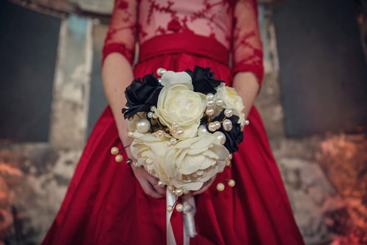 Silk Flower Bouquet Unique Decadent Masked Ball Wedding Red Dress http://assassynation.co.uk/