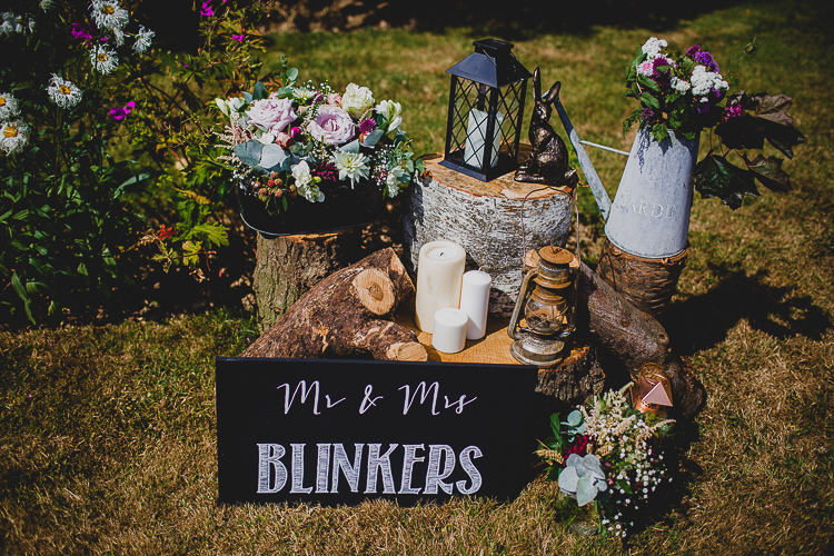 Logs Flowers Display Blackboard Sign Rustic Dusky Pink Gold Picnic Marquee Wedding http://jonnymp.com/