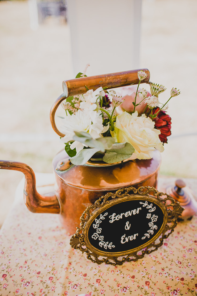 Copper Teapot Flowers Rustic Dusky Pink Gold Picnic Marquee Wedding http://jonnymp.com/