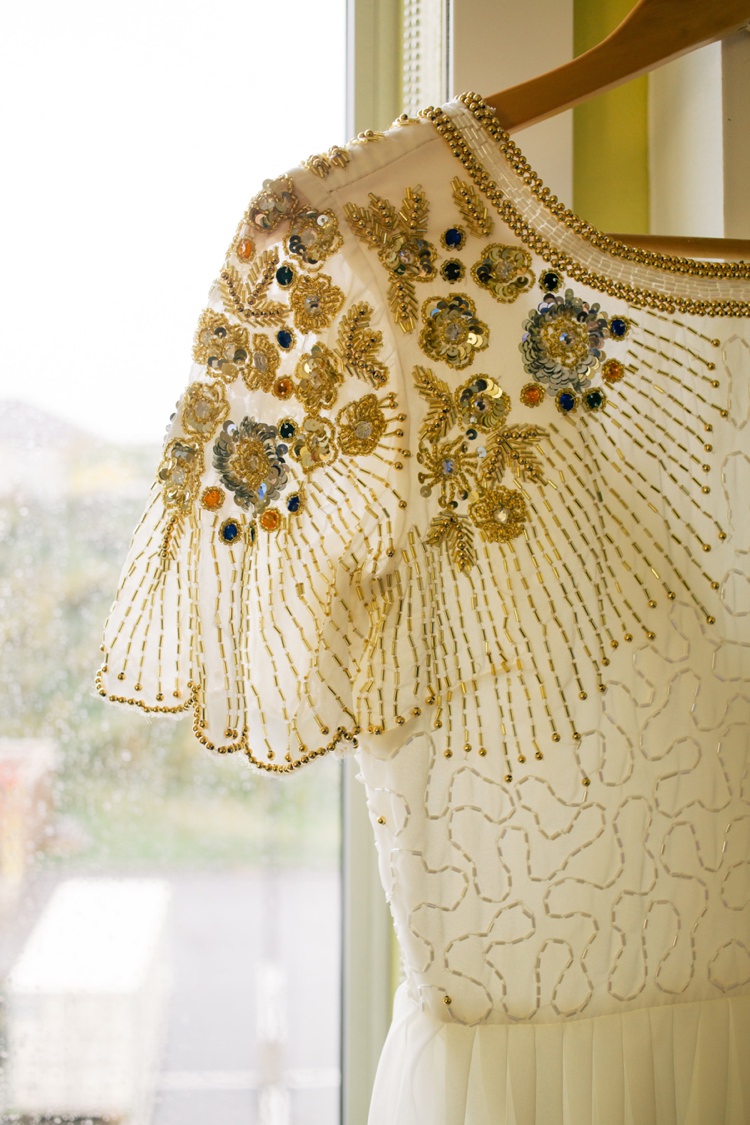Gold Sequin Dress Gown Bride Bridal Whimsical Peter Pan Inspired Wedding http://cararufenacht.com/