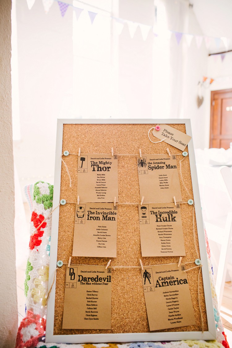 Superhero Seating Table Plan Chart Cork Board Vintage Village Hall Geek DIY Wedding http://www.theimagegarden.co.uk/