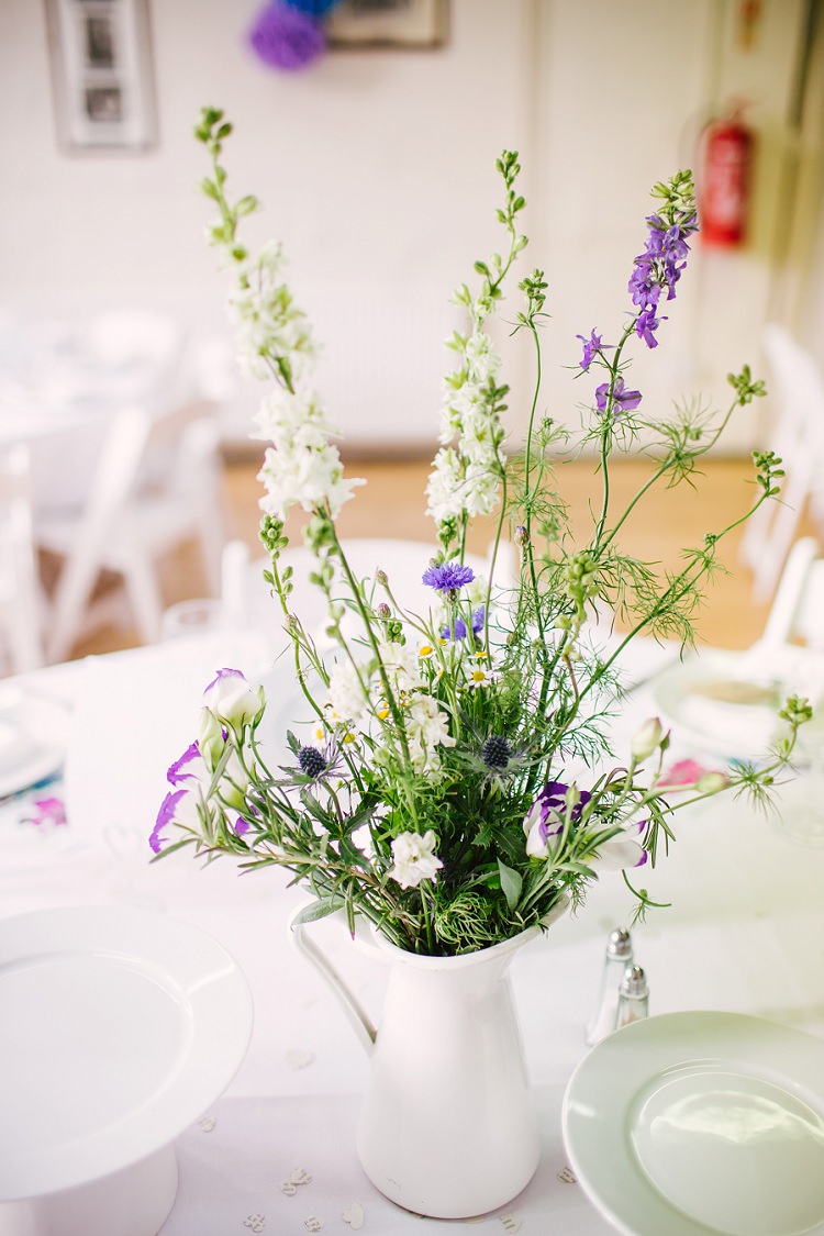 Jug Flowers Centrepiece Purple White Vintage Village Hall Geek DIY Wedding http://www.theimagegarden.co.uk/
