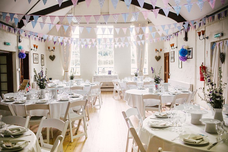 Bunting Round Tables Purple White Vintage Village Hall Geek DIY Wedding http://www.theimagegarden.co.uk/
