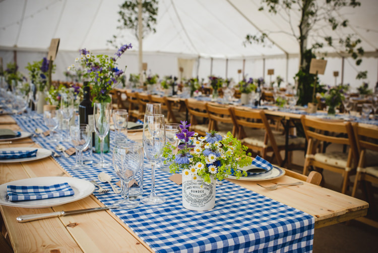 Long Tressle Tables Blue Cloths Runners Rustic Country Marquee Foliage Gingham Wedding http://www.sophieduckworthphotography.com/