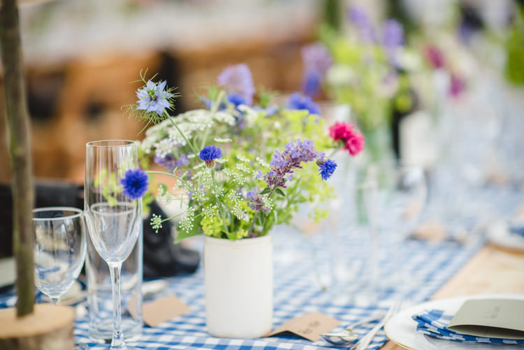 Wild Flowers Jars Tables Rustic Country Marquee Foliage Gingham Wedding http://www.sophieduckworthphotography.com/