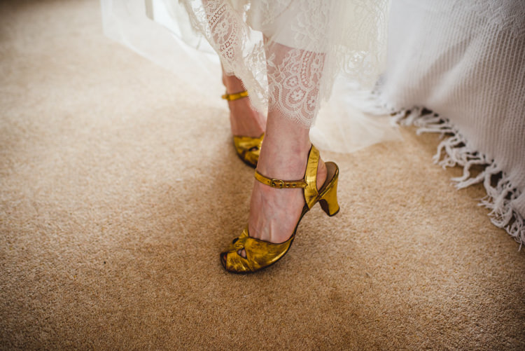 Vintage Gold Shoes Bride Bridal Rustic Country Marquee Foliage Gingham Wedding http://www.sophieduckworthphotography.com/