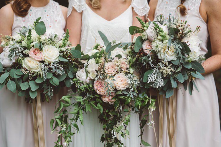 Ribbon Bouquets Roses Foliage Greenery Bride Flowers Bridesmaid Whimsical Boho Woodland Wedding http://katmervynphotography.com/