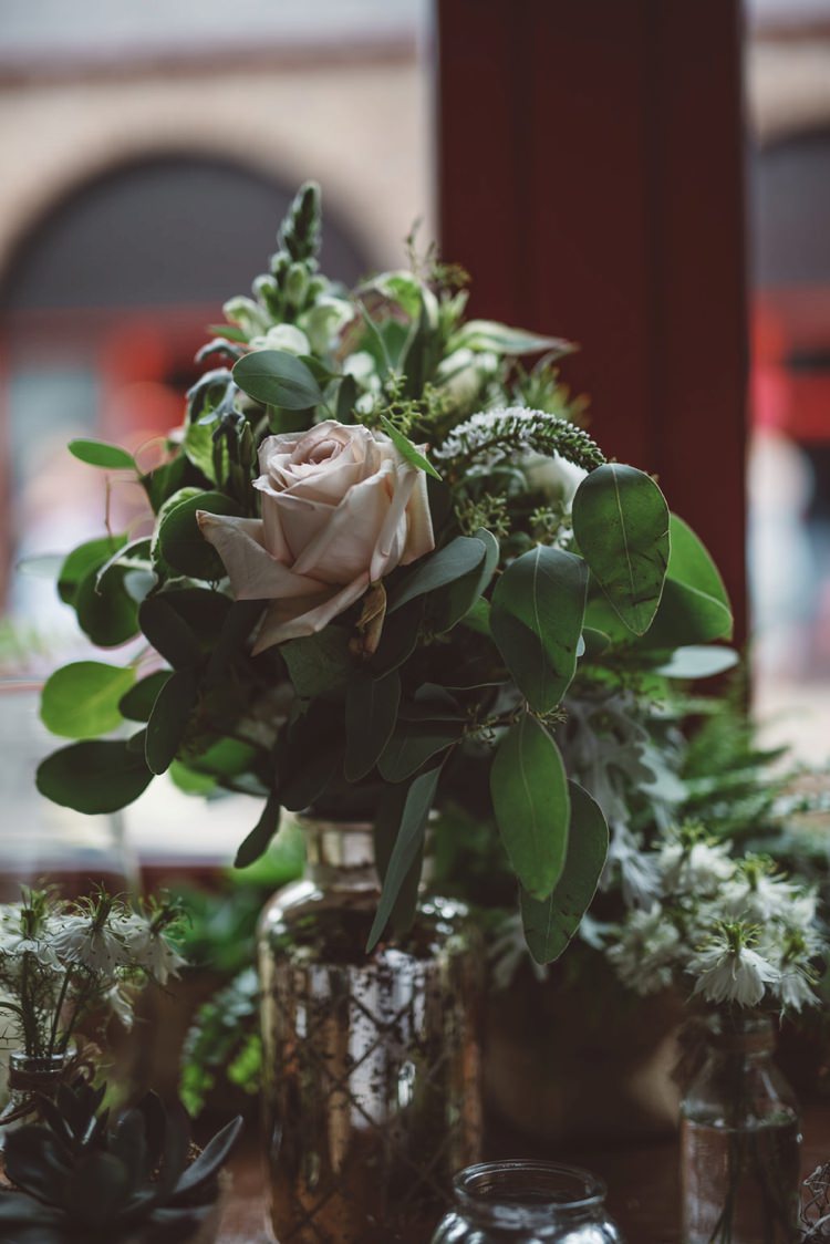 Bottle Flowers Rose Foliage Whimsical Boho Woodland Wedding http://katmervynphotography.com/