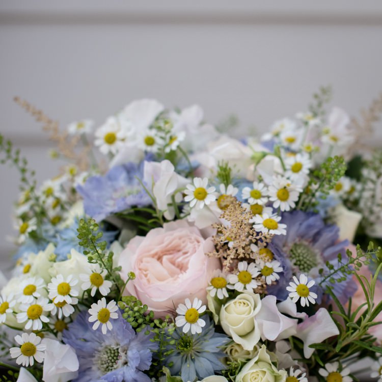 Pink Blue Bouquet Flowers Bride Bridal Daisies Beautiful Country Barn Relaxed Family Wedding http://hollybobbins.com/
