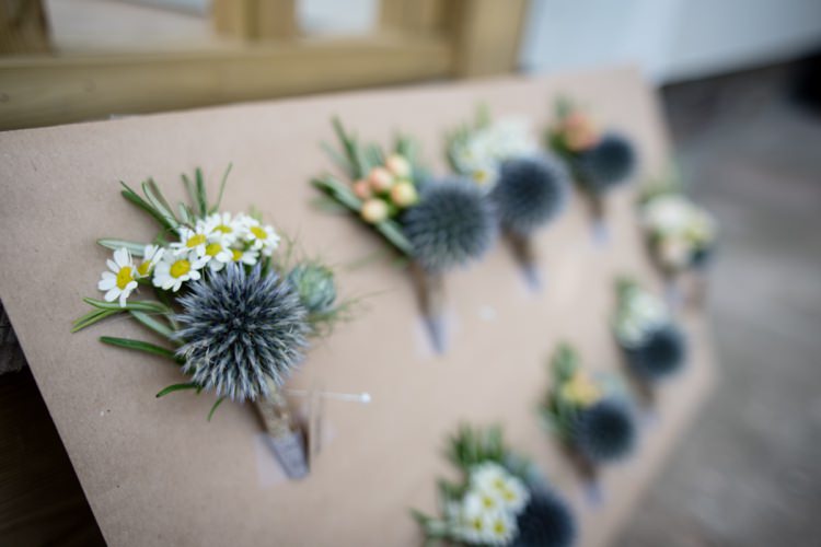 Thistle Daisy Buttonholes Beautiful Country Barn Relaxed Family Wedding http://hollybobbins.com/