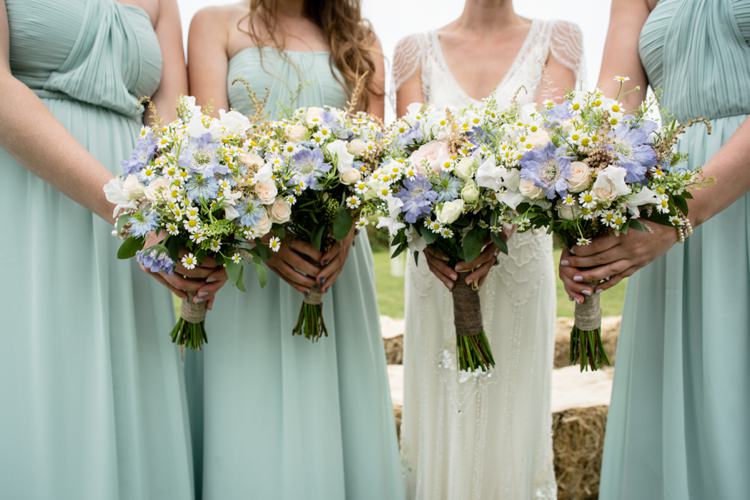 Pink Blue Bouquets Flowers Bride Bridesmaids Daisies Beautiful Country Barn Relaxed Family Wedding http://hollybobbins.com/