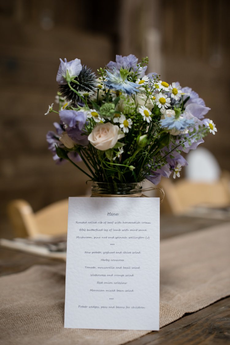 Jar Flowers Blue Daisies Centrepiece Beautiful Country Barn Relaxed Family Wedding http://hollybobbins.com/