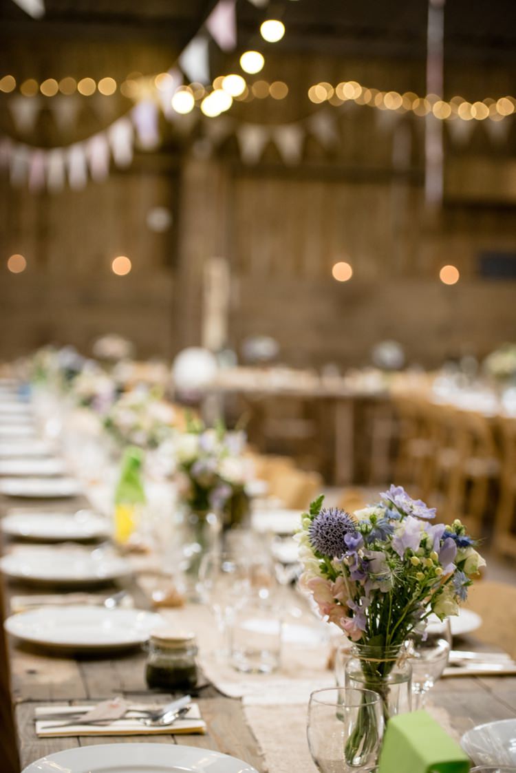 Barn Tables Wooden Long Hessian Flowers Fairy Lights Beautiful Country Barn Relaxed Family Wedding http://hollybobbins.com/