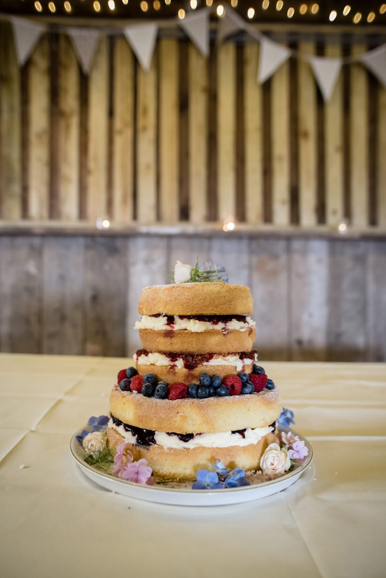 Naked Cake Sponge Layer Fruit Berries Beautiful Country Barn Relaxed Family Wedding http://hollybobbins.com/
