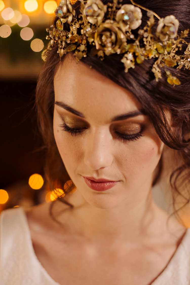 Shimmer Gold Copper Bride Bridal Make Up Cosy Candlelit Woodland Barn Wedding Ideas http://www.chrisrandlephotography.co.uk/