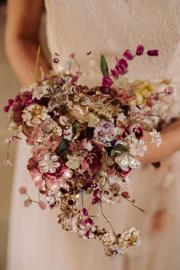 Brooch Bouquet Bride Bridal Alternative Cosy Candlelit Woodland Barn Wedding Ideas http://www.chrisrandlephotography.co.uk/