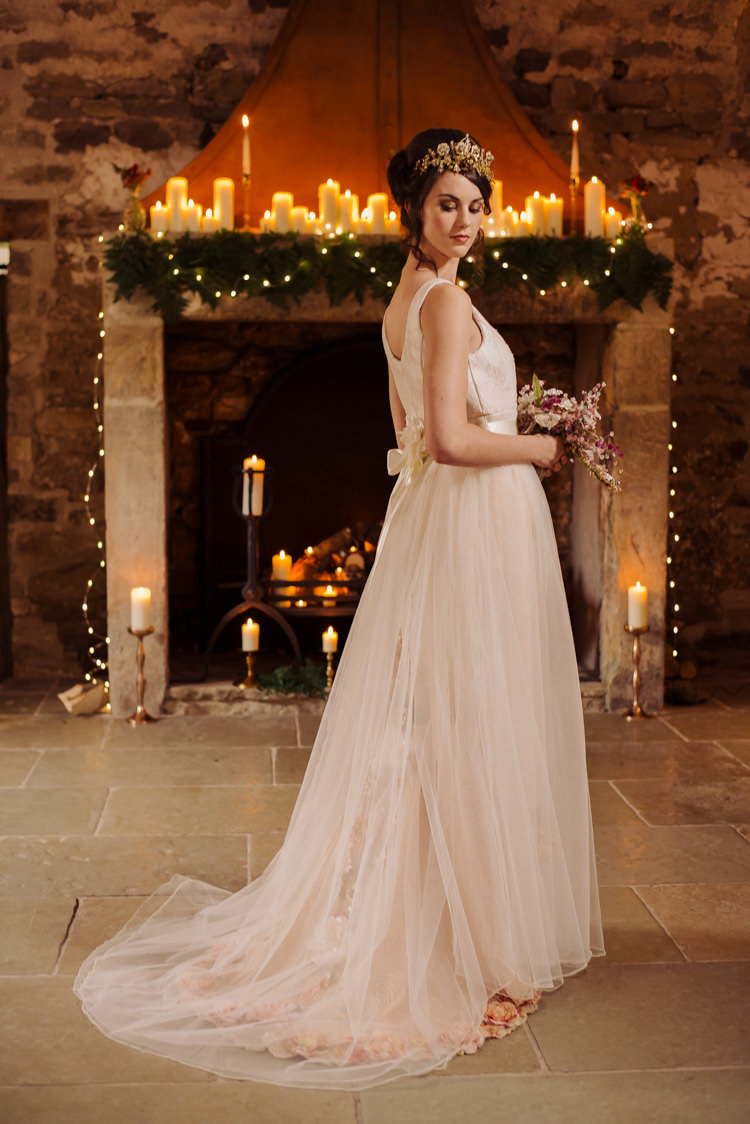 Kathryn Russell Tulle Gown Dress Bride Bridal Cosy Candlelit Woodland Barn Wedding Ideas http://www.chrisrandlephotography.co.uk/