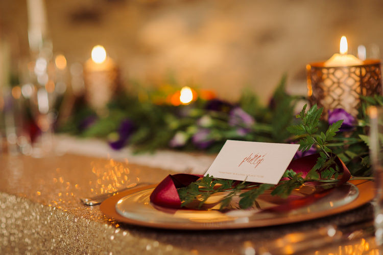 Sequin Table Cloth Cover Setting Cosy Candlelit Woodland Barn Wedding Ideas http://www.chrisrandlephotography.co.uk/