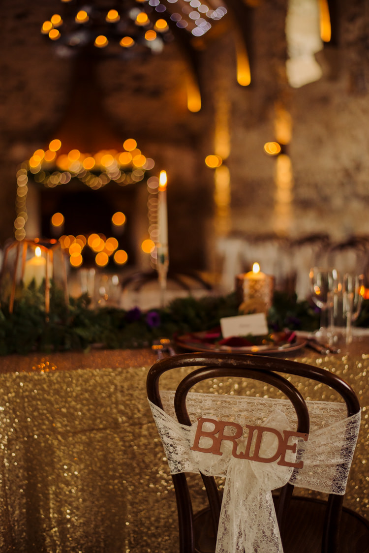 Bride Lace Chair Cover Cosy Candlelit Woodland Barn Wedding Ideas http://www.chrisrandlephotography.co.uk/