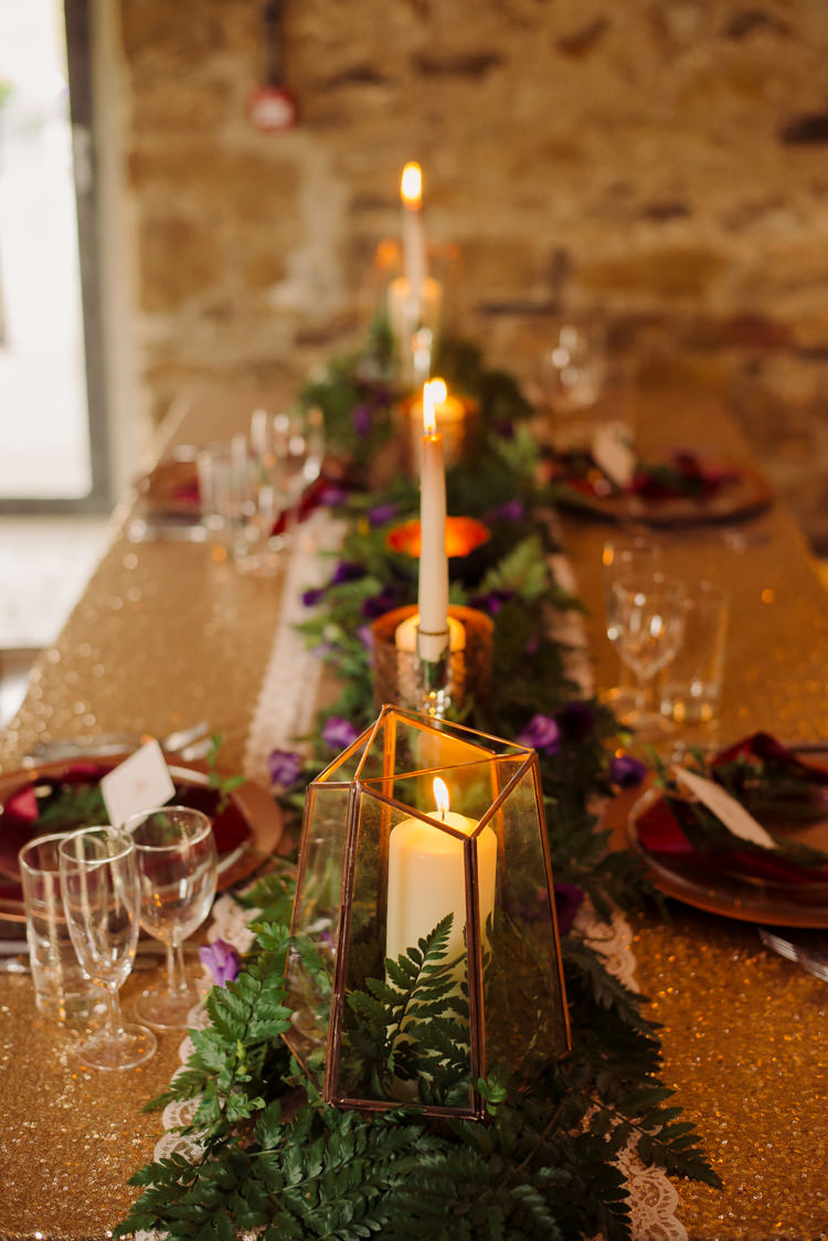 Terrarium Candles Ferns Sequin Tables Centrepieces Cosy Candlelit Woodland Barn Wedding Ideas http://www.chrisrandlephotography.co.uk/