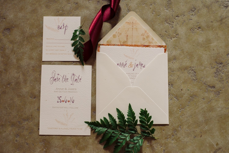 Calligraphy Copper Stationery Invitations Cosy Candlelit Woodland Barn Wedding Ideas http://www.chrisrandlephotography.co.uk/
