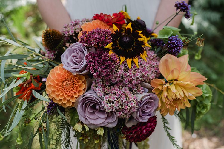 Dahlia, Sedum, Rudbeckia, Bells of Ireland, Amaranthus, Zinnia, Nicotiana, Coreopsis Bouquet Autumn Our Whimsical Woodland Wedding Ceremony UK http://alexa-loy.com/