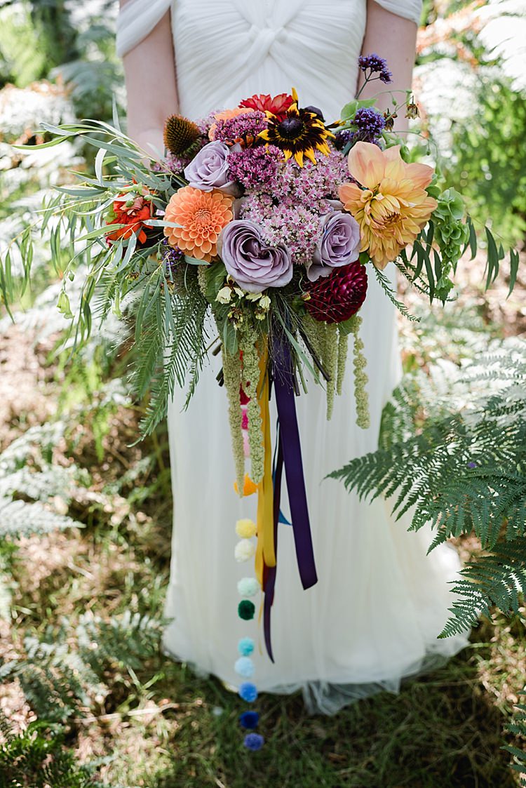 Pom Pom Ribbon Bouquet Rainbow Colourful Seasonal Autumn Flowers Bride Bridal Our Whimsical Woodland Wedding Ceremony UK http://alexa-loy.com/ 