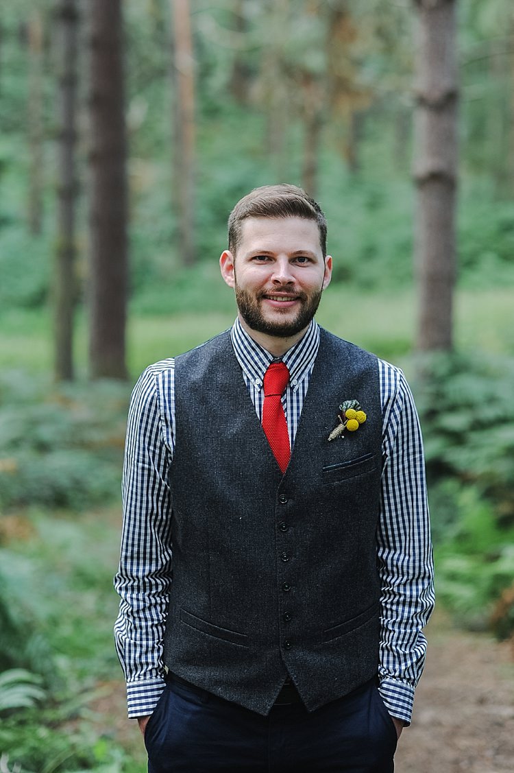 Waistcoat Groom Red Knitted Tie Blue Checked Shirt Beard Our Whimsical Woodland Wedding Ceremony UK http://alexa-loy.com/