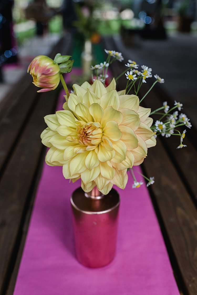 Dahlia Daisy Flowers Copper Bottle Centrepiece Yellow Pink Colourful Rainbow Gold Camp Wedding Party http://alexa-loy.com/