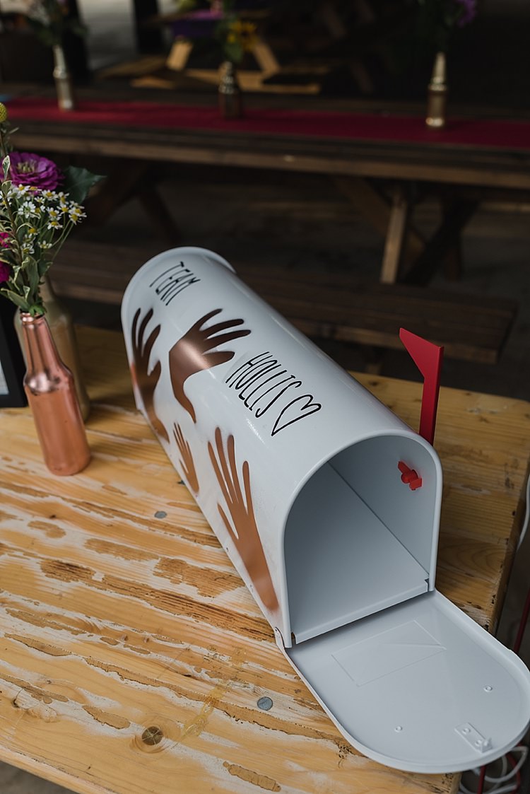 Mail Box Cards Hand Prints Colourful Rainbow Gold Camp Wedding Party http://alexa-loy.com/