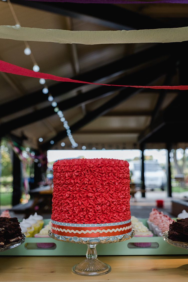 Red Retro Butter Cream Texture Cake Glass Stand Colourful Rainbow Gold Camp Wedding Party http://alexa-loy.com/