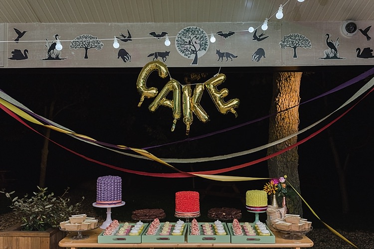 Cake Dessert Table Festoon Lights Colourful Rainbow Gold Camp Wedding Party http://alexa-loy.com/