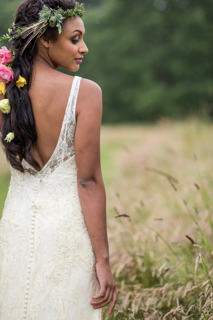 Low V Dress Back Gown Bride Bridal Whimsical Soft Floral Meadow Wedding Ideas http://www.jbcreatives.co.uk/