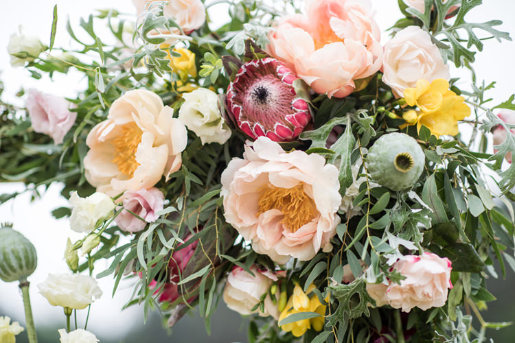 Protea Peony Flowers Blush Yellow Whimsical Soft Floral Meadow Wedding Ideas http://www.jbcreatives.co.uk/