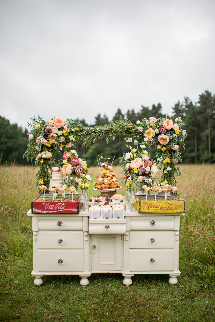Dessert Table Cakes Flowers Furniture Draws Dresser Whimsical Soft Floral Meadow Wedding Ideas http://www.jbcreatives.co.uk/