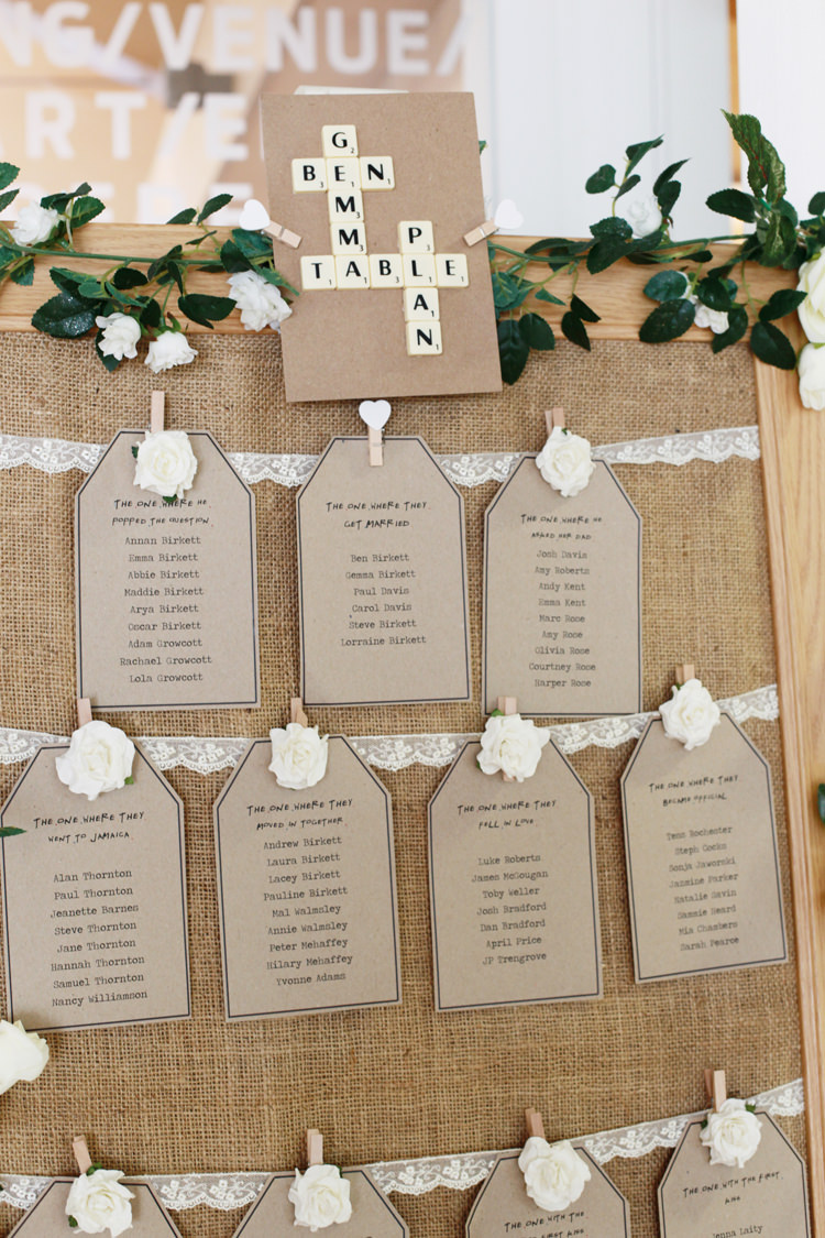 Scrabble Hessian Lace Luggage Tag Seating Table Plan Chart Casual Summer Outdoor Beach Wedding http://www.lifephotographic.com/