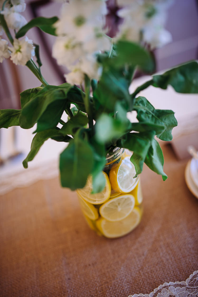 Lemon Jar Flowers Quirky Homespun Festoons Ferns Wedding http://www.stevebridgwoodphotography.co.uk/