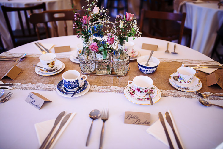Hessian Lace Tea Cups Tables Decor Quirky Homespun Festoons Ferns Wedding http://www.stevebridgwoodphotography.co.uk/