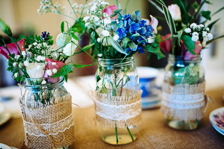 Jar Lace Flowers Hessian Quirky Homespun Festoons Ferns Wedding http://www.stevebridgwoodphotography.co.uk/