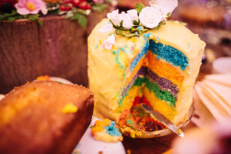 Rainbow Cake Quirky Homespun Festoons Ferns Wedding http://www.stevebridgwoodphotography.co.uk/