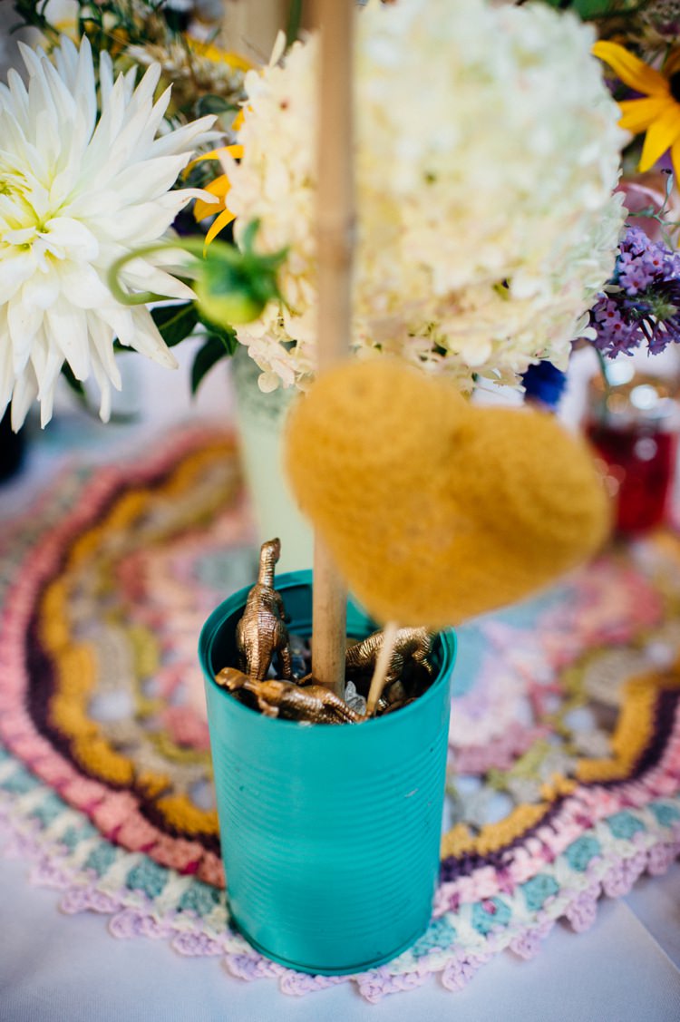 Gold Dinosaur Mint Teal Green Tin Flowers Centrepiece Sweet Hand Crafted Crochet Barn Wedding http://www.mariannechua.com/