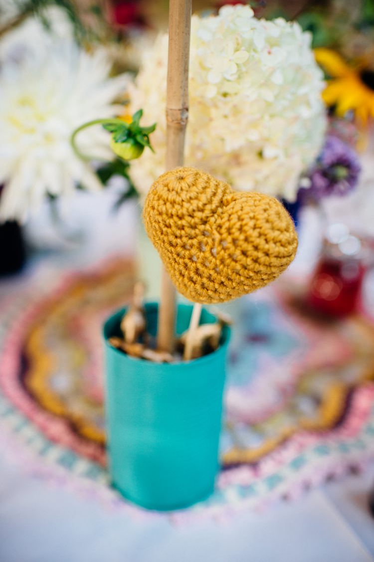 Mustard Crochet Heart Centrepiece Flowers Tin Sweet Hand Crafted Crochet Barn Wedding http://www.mariannechua.com/