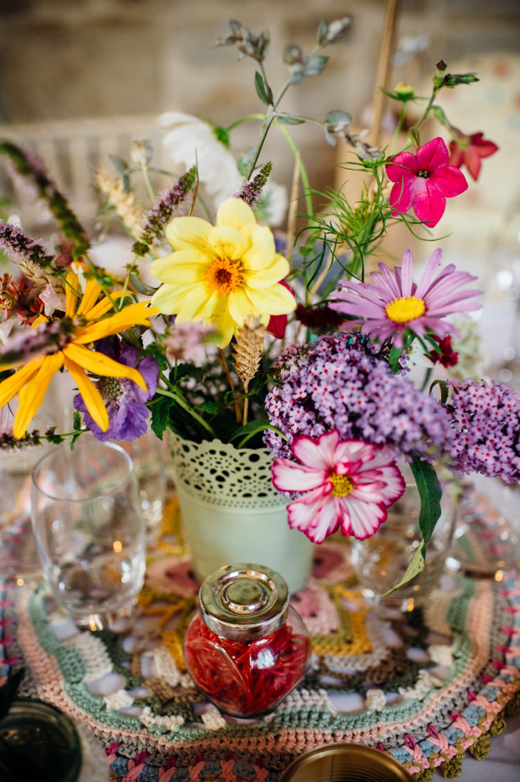 Yellow Pink Wild Flowers Centrepiece Sweet Hand Crafted Crochet Barn Wedding http://www.mariannechua.com/