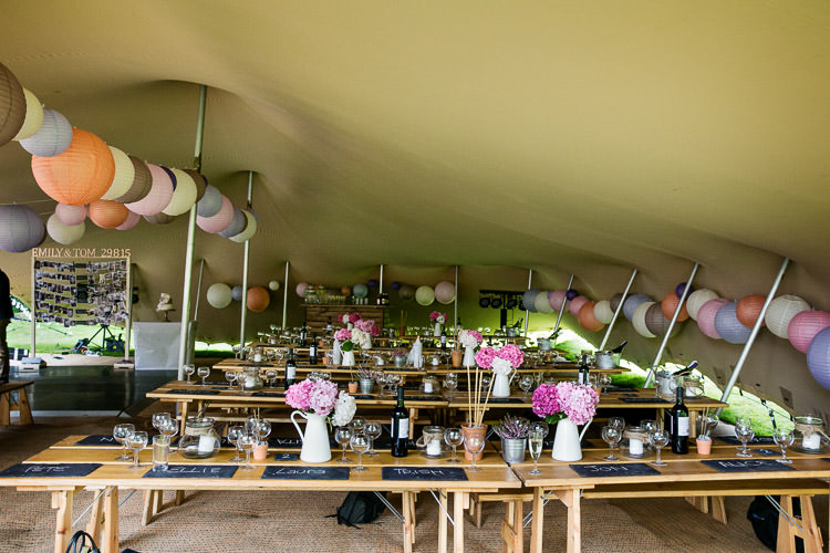 Stretch Tent Lanterns Rustic Tables Slate Jugs Flowers Natural Eco Barn Gold Pink Wedding http://www.jackladenburg.com/
