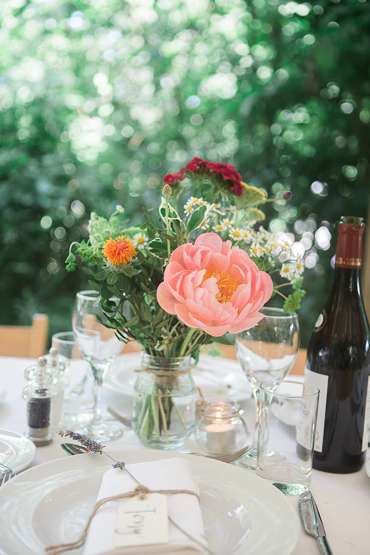 Coral Peony Dasies Jar Flowers Centrepieces Tables Indie Hand Made Outdoor Woodland Wedding http://www.ilariapetrucci.co.uk/