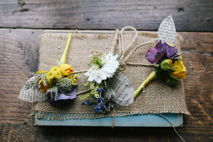 Yellow Purple Twine Buttonholes Double Twin Wedding http://www.michellehuggleston.com/