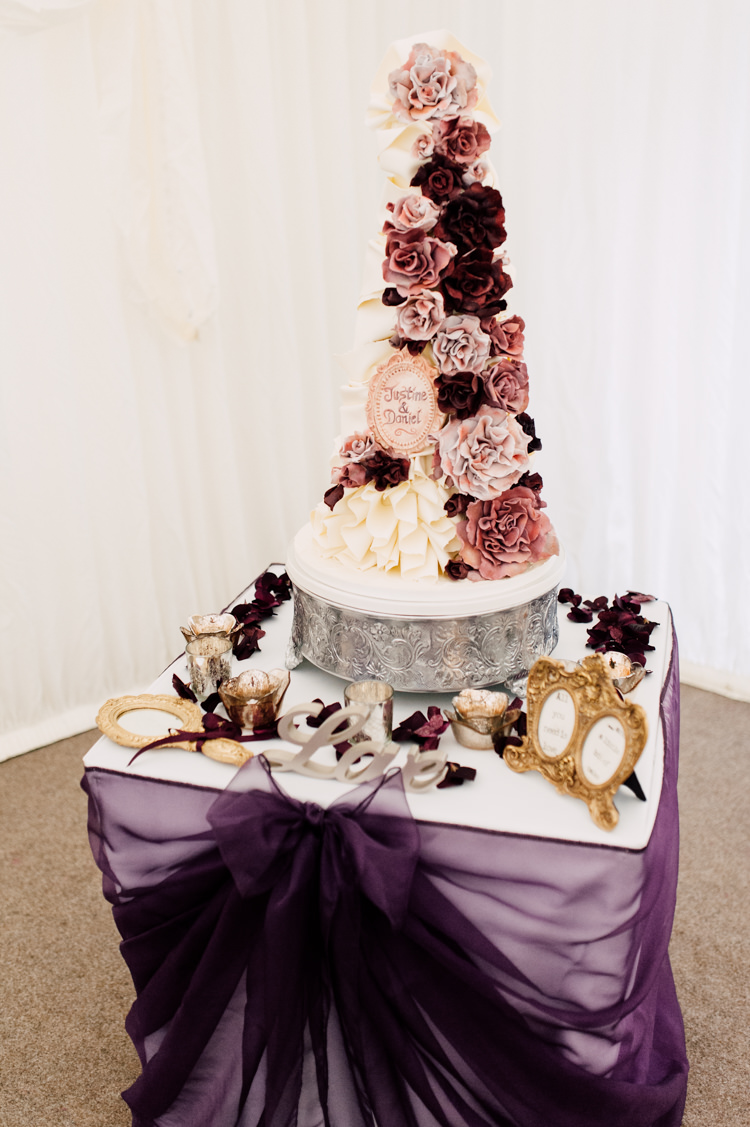 Tall Floral Cake Fairytale Whimsical Burgundy Gold Wedding http://www.victoriatyrrellphotography.com/